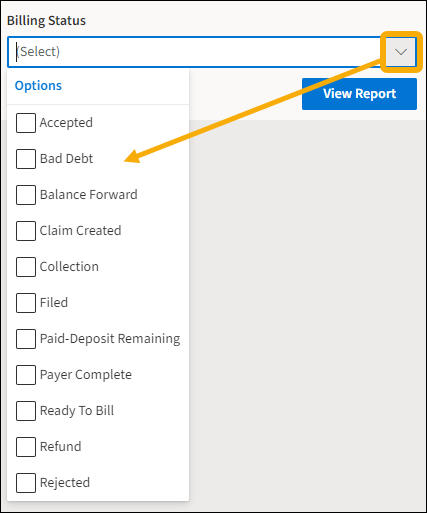 Billing Status menu list with yellow highlight box around the down arrow and a yellow arrow pointing downwards to the list options.